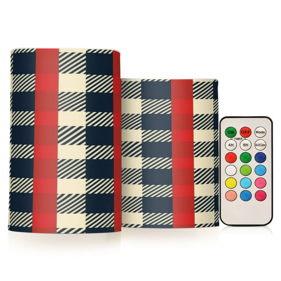 2 PCS Flameless Candles with Remote Timer LED Battery Operated Flickering Candle Light for Wedding Table Home Decoration Gifts Red Plaid Pattern