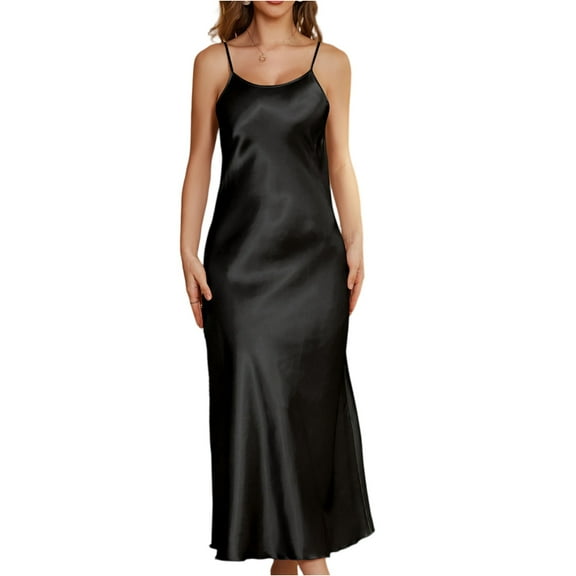 Summer New Women's Long Nightgown Chemise Sleepwear Sexy Backless Patchwork Lace Nightdress Lingerie Ice Silk Satin Homewear Women's Satin Nightgown with Lace Trim