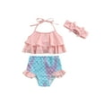 thumbnail image 2 of Toddler Baby Girls 3Pcs Bikini Set Solid Color Ruffle Halter Tops+Print Shorts+Headband Cute Kids Baby Swimwear Beachwear 0-3Y, 2 of 10