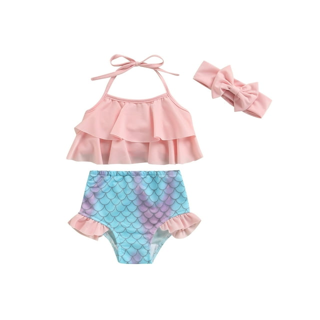 Fortune Toddler Girl Bikini Set,Ruffle Halter Tops+Mermaid Shorts Swimwear for Kid