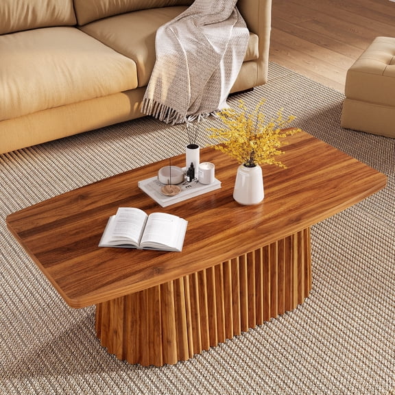 Finmind Modern Coffee Table with Fluted Pedestal, 47.24 inch Mid Century Center Table, Unique Boat-Shaped Farmhouse Accent Table for Living Room, Brown