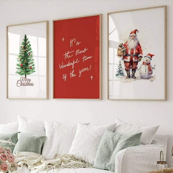 3pcs Festive Christmas Wall Art Set - Santa Claus & Snowman Prints, Frameless Canvas Posters for Holiday Home Decor, Perfect for Living Room, Bedroom, Kitchen, and More, Christmas Wall Art