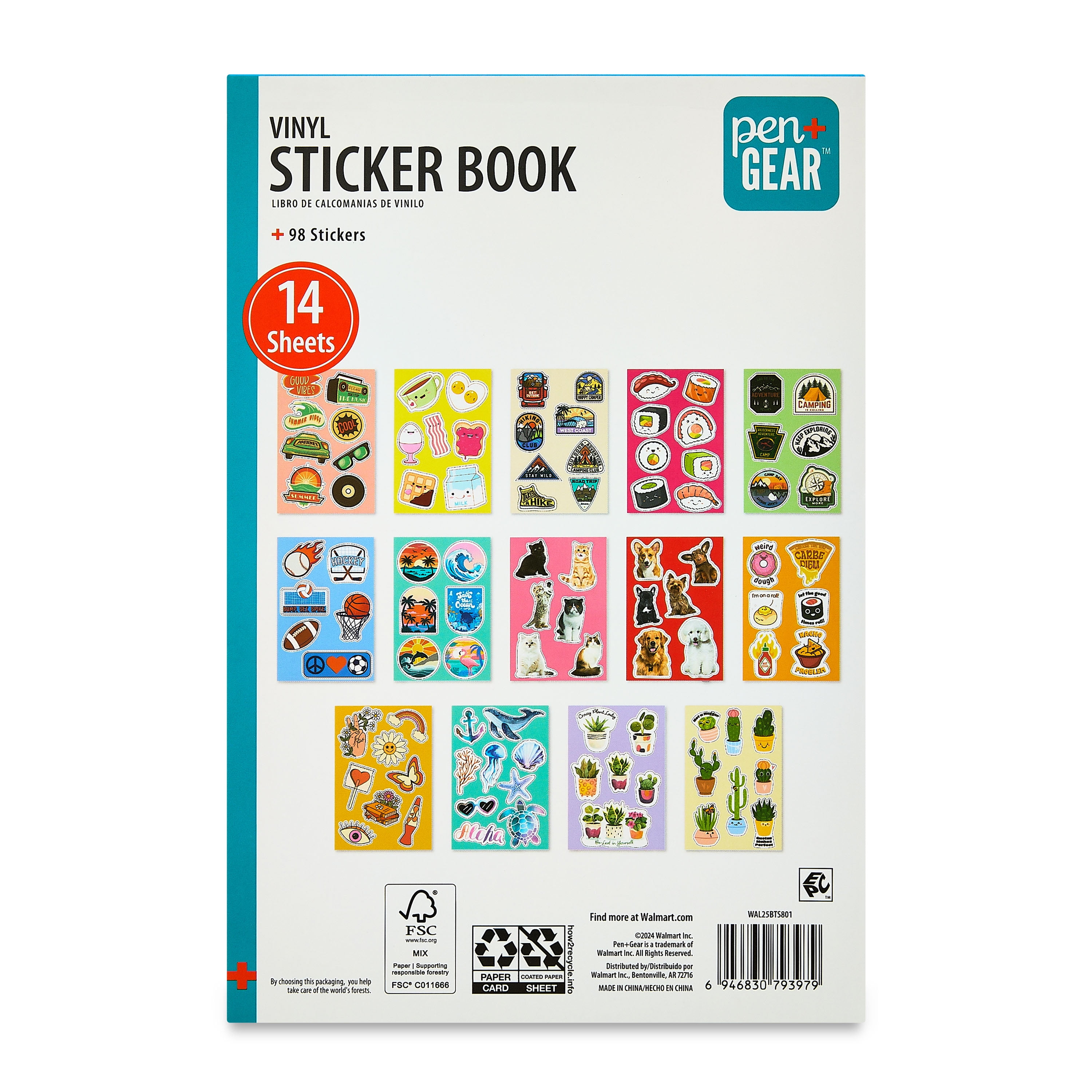 Pen+Gear Vinyl Sticker Book, 14 Sheets with 98 Stickers