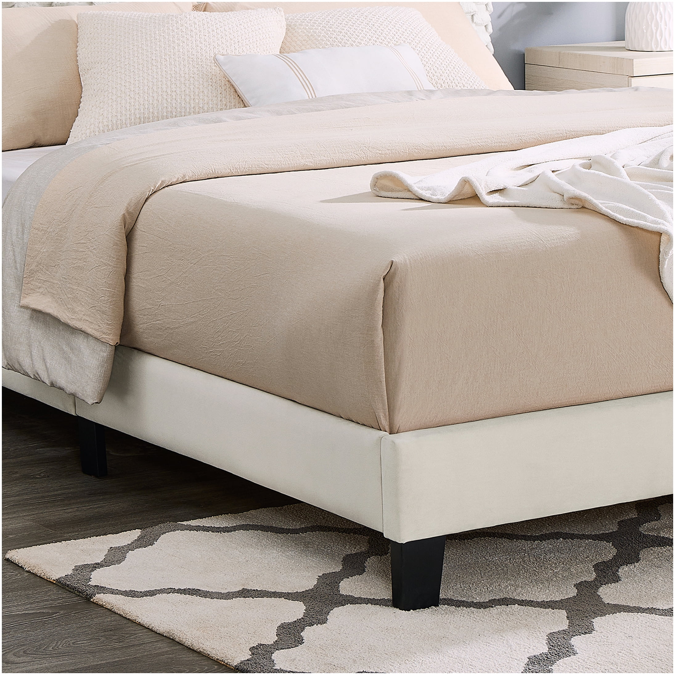 Queen Upholstered Bed Frame with Adjustable Headboard, Off-White Fabric Platform Bed, Low Profile Modern Design, No Box Spring Required