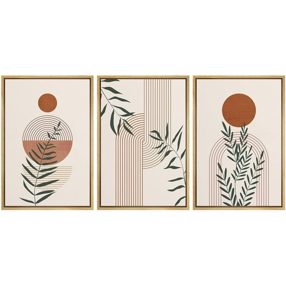 IDEA4WALL Framed Canvas Print Wall Art Set of 3 Geometric Forest Plant Polygon Boho Pattern Wall Decor Retro Abstract Collage Nordic Zen Prints Minimal Contemporary Artwork - Natural 24"x36"x3