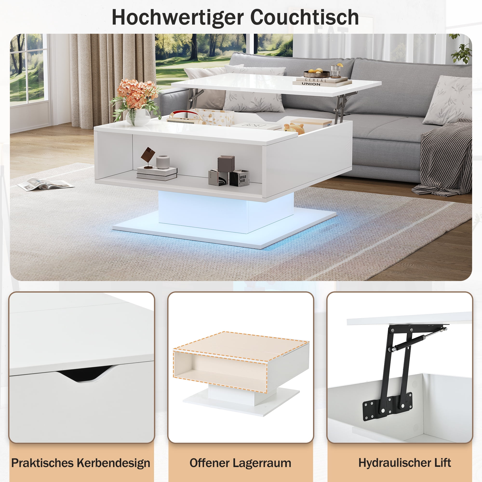 Homy Casa, table basse relevable blanche avec DEL, rangement ouvert et fini haute brillance pour salon