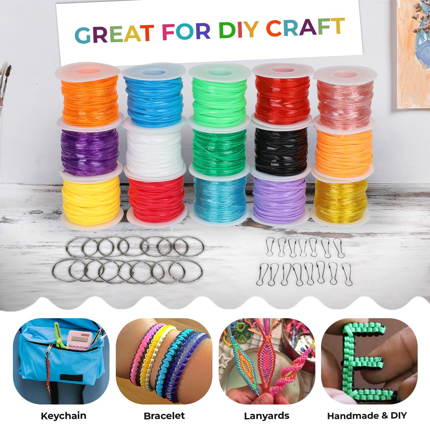 Darice Lanyard Kit - 15 Pack Plastic Gimp String With Assorted Colors - Glitter and Solid Boondoggle for Weaving - Lacing Cord for Bracelets, DIY Keychains, Crafts