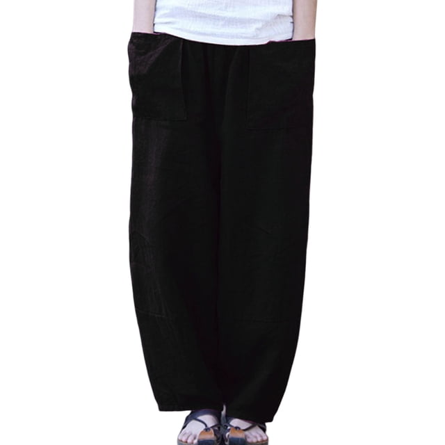 Pantalones rectos de lino retro de color liso para mujer 2025, cintura media con bolsillos, cintura elástica para todas las estaciones, ropa informal