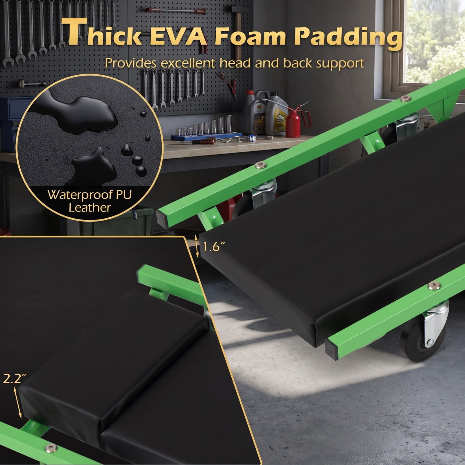 ALPULON Foldable Automotive Creeper with 360 Degree Swivel Wheels, 330 lbs Rolling Garage Creeper with Padded Headrest and PU Leather Cushion, Low Profile, Green