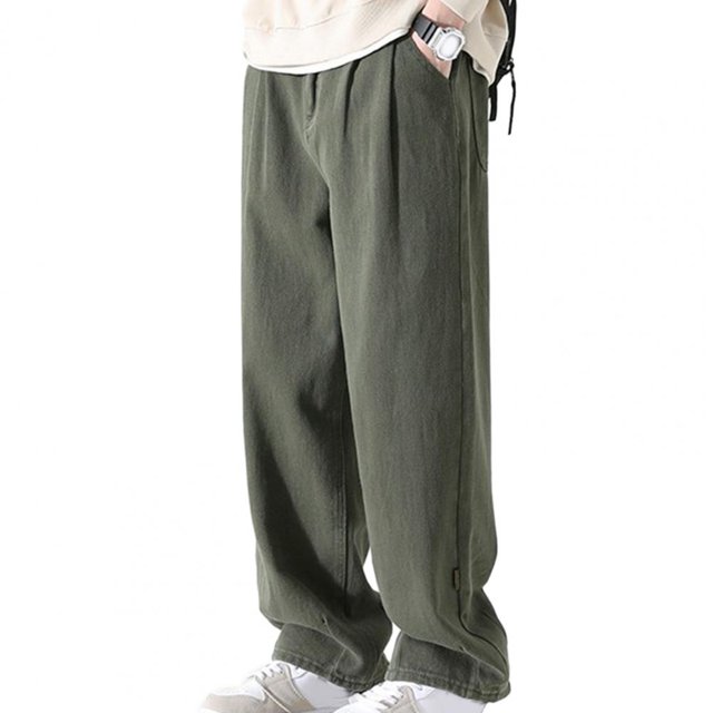 ML Solid Color Pants Men‘s Wide-leg Retro Work Pants Breathable Versatile Straight Trousers for Casual or Formal Wear Straight Leg