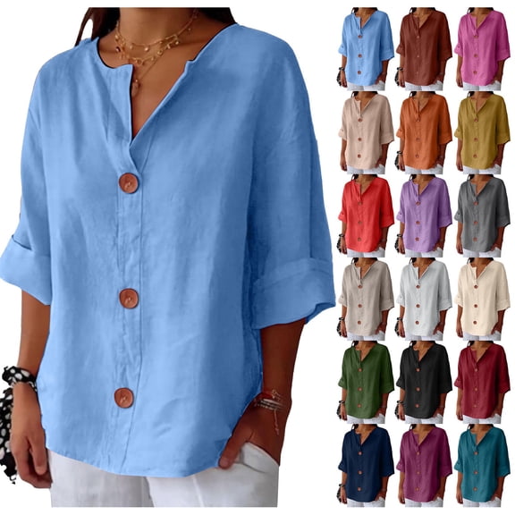 Kelon Tops for Women Short Sleeve Shirts V Neck Linen Cotton Vacation Clothes Cruise Outfits Business Casual Blouses 2026 Summer Tops, 5XL