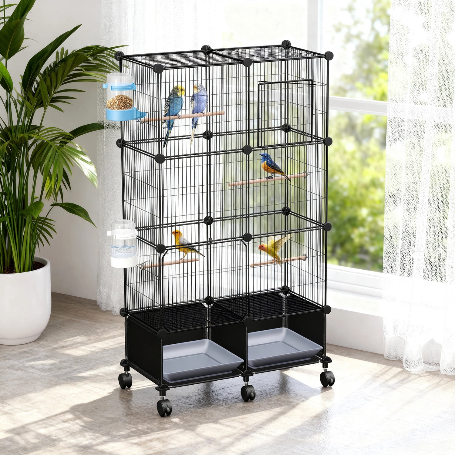 Zorpupoa 46in Spacious Indoor Bird Cage Pet Bird House with Lockable Wheels 2 Slide-Out Trays 4 Wooden Perches Feeder Set for Home Bird Care