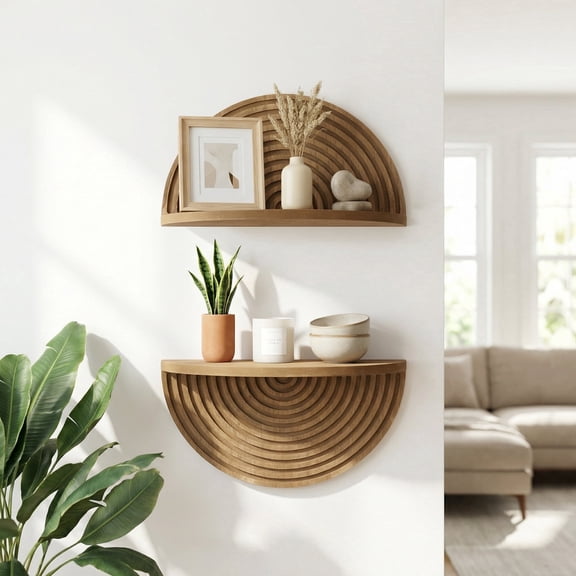 American Art Decor Brown Boho Arched Lunar Ledges Wall Shelf, Wood 2 Piece Floating Bookshelf for Wall, Modular Arch Display Shelf for Bedroom Bathroom Kitchen Living Room Decor, 6.62" H x 11.75" L