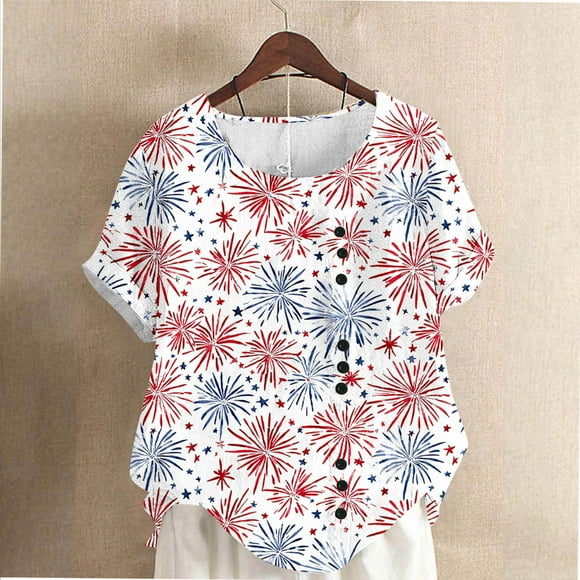 RKSTN Tops for Teachers Women Fashion Casual Linen Tops Printed Short Sleeve Button T-Shirt Blouse School Outfits for Teachers