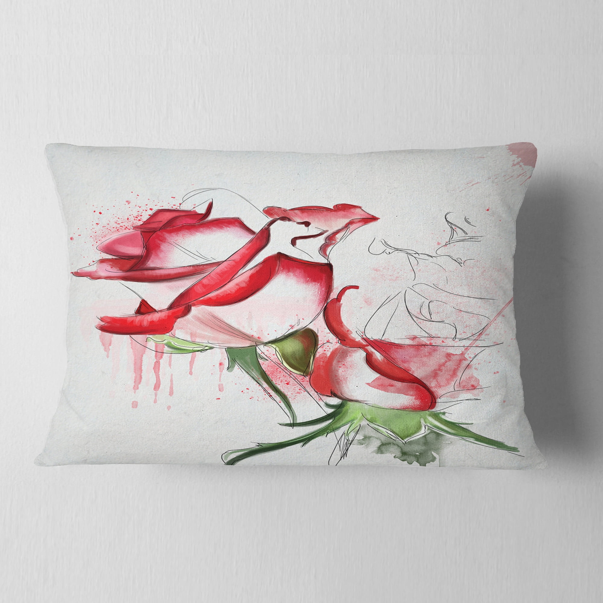 Designart Fantastic Red Roses Watercolor - Floral Throw Pillow - 12x20