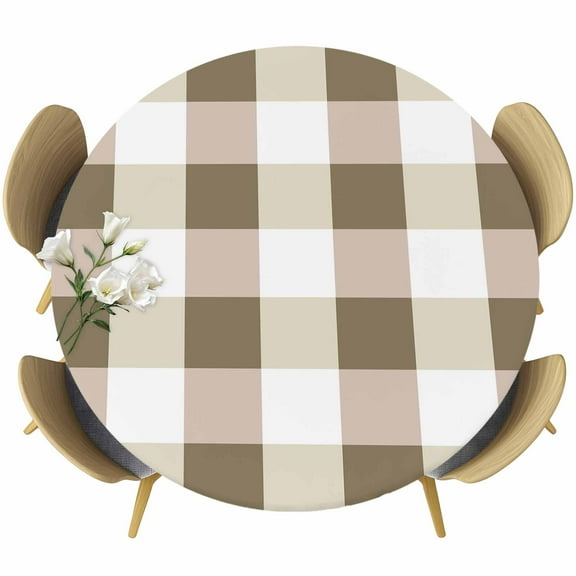 Brown Plaid Fitted Tablecloth with Elastic Edged, Round Table Cloth for Dining Table, Spring Summer Farmhouse Buffalo Checkered Waterproof Oil Proof Table Cover for Indoor Outdoor 55"-60"