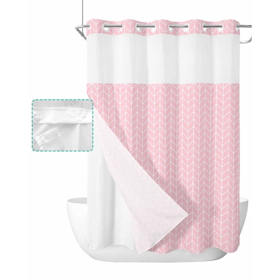 No Hook Shower Curtain with Snap in Liner, Herringbone Abstract Art of Pink Geometric Lines Hotel Shower Curtains for Bathroom, Washable Shower Curtain Liner Set with Mesh Top Window, 60"x72"