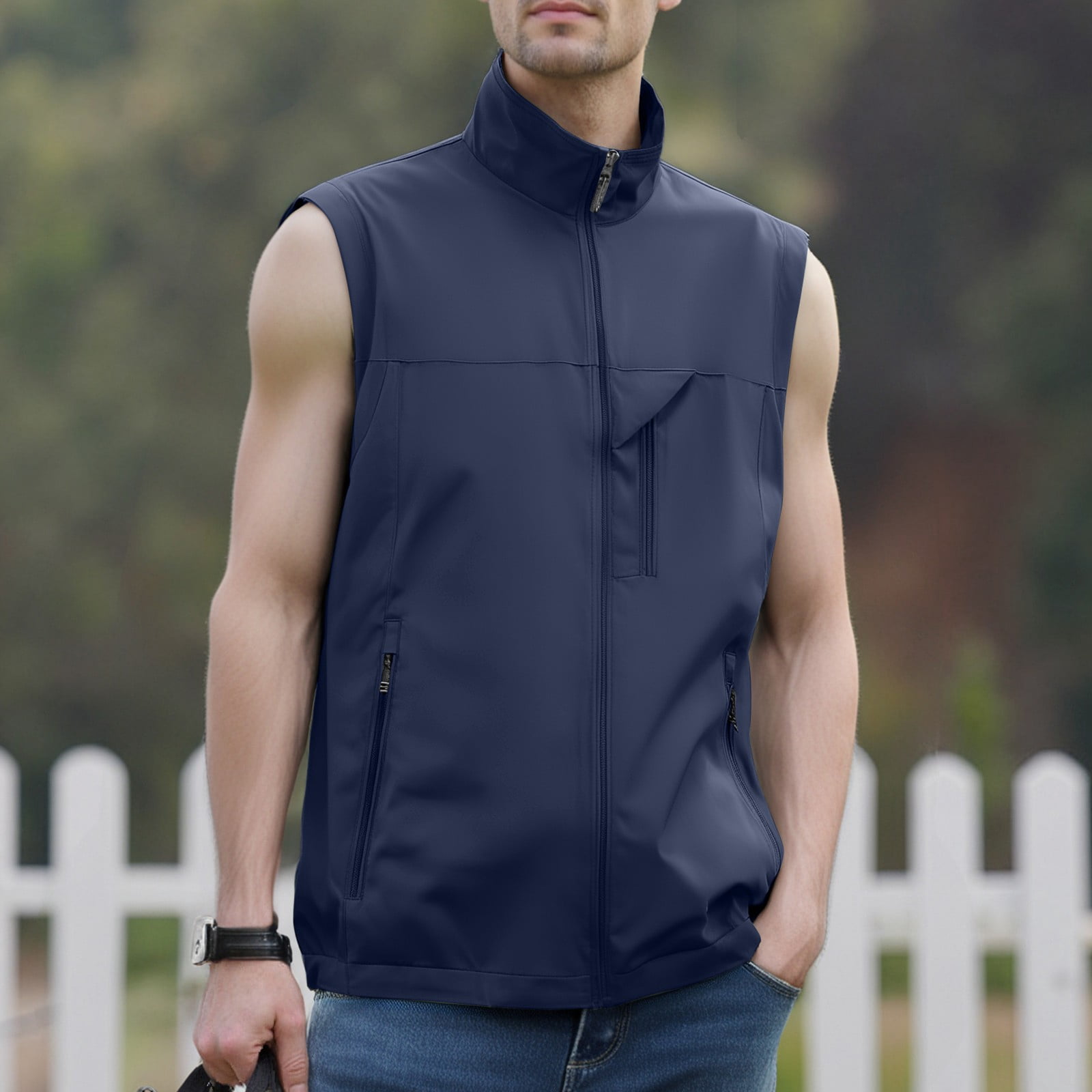 Men's Windproof Lightweight Golf Vest Softshell Sleeveless Jacket with Pockets for Running Hiking Sports Spring Fall,Dark Blue,3XL