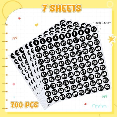 Clabby 700 Pcs Consecutive Number Stickers 1-100 Round Colored Labels 1 Inch Self Adhesive Vinyl Number Decals for Office, Inventory, Storage, Bins (White)