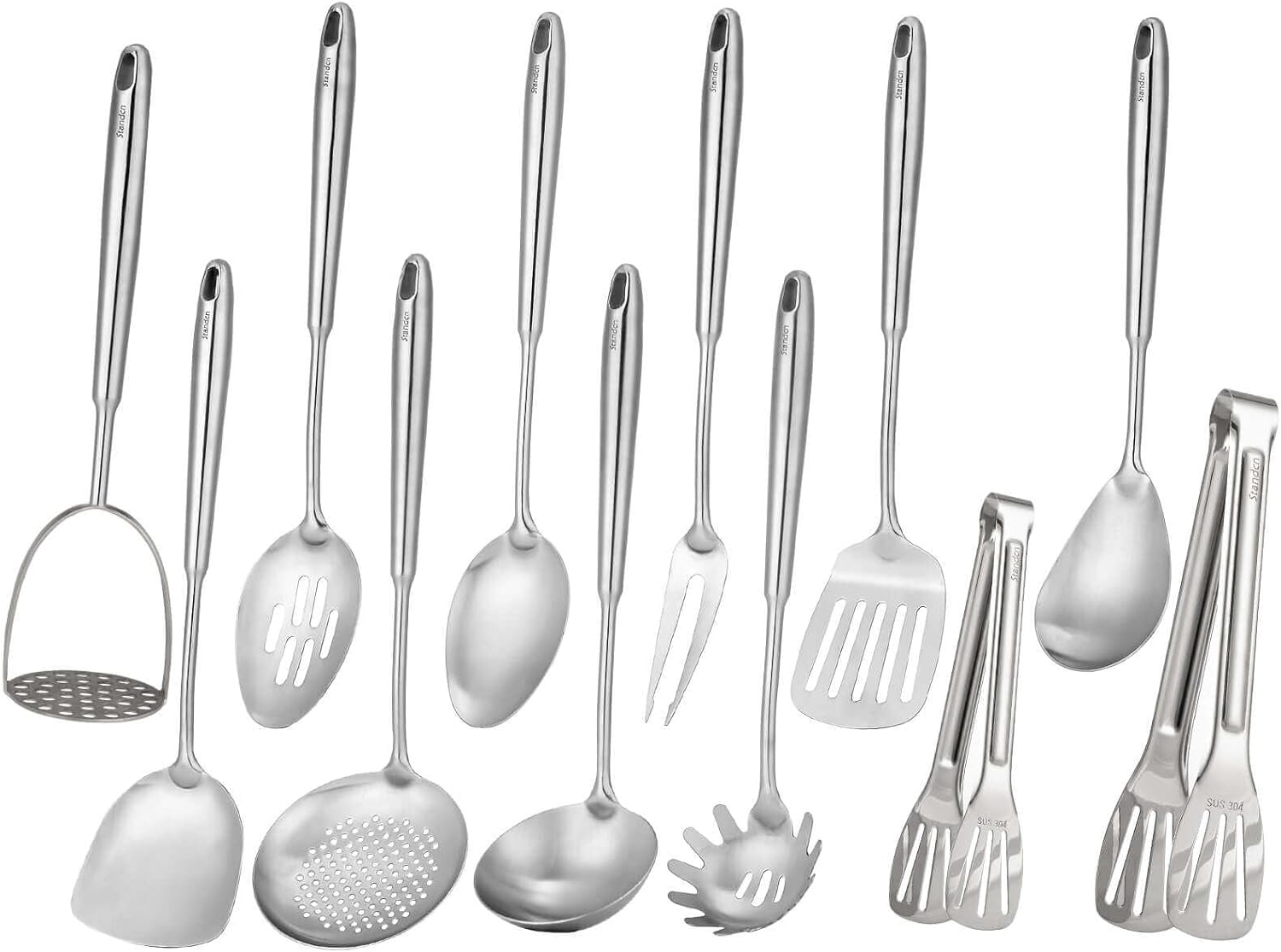 18/10 Stainless Steel Kitchen Utensils Set 12 Pieces All Metal Cooking Tools 15 Inch Serving Utensils