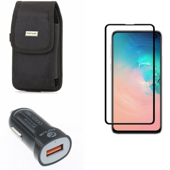 Galaxy S10e Screen Protector w Case Belt Clip w Car Charger - Tempered Glass 5D Curved Edge, Rugged Holster Canvas, 18W Fast USB Port Power for Samsung Galaxy S10e Phone