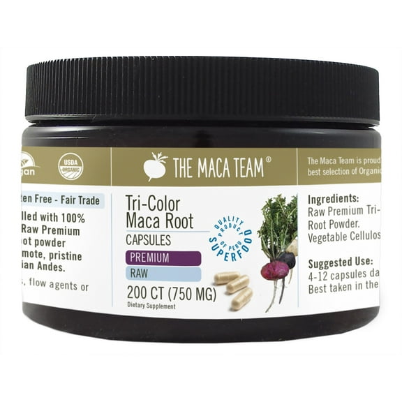 Organic Premium Raw Tri-Color Maca Capsules - Vegan - 750 mg - 200 ct