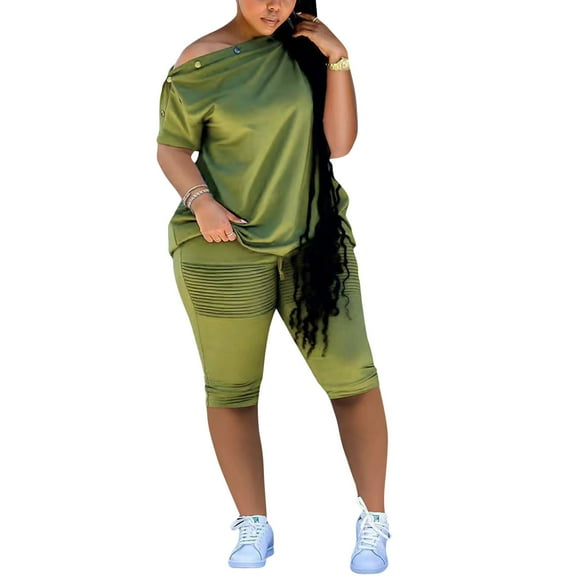 REORIAFEE Women Outfits Slim Fit Workout Sets Streetwear Workout Set Women's Summer Fashion Casual Sexy Fashion Casual Breasted One Shoulder Loose Short Sleeve Shorts Suit Army Green L