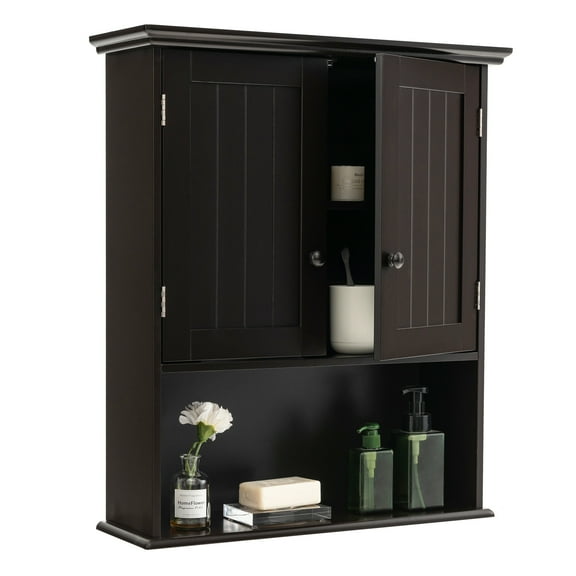 Topbuy Wall Mounted Bathroom Cabinet Double Door Medicine Cabinet Kitchen Cupboard w/ Open Compartment & Adjustable Shelf Espresso