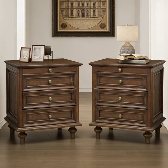 HIUU 20" Walnut Nightstand Set of 2,4 Drawer Nightstand with Hidden Pull-Out Shelf,Farmhouse Bedside Table Set of 2 with 4 Solid Wood Feet and Metal Handle for Living Room,Bedroom
