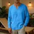 thumbnail image 2 of Lenpel Mens Cotton Linen Shirts V Neck Long Sleeve Basic Tee Shirts Casual Lightweight Solid Color Pullover Tops(Navy,Medium), 2 of 7