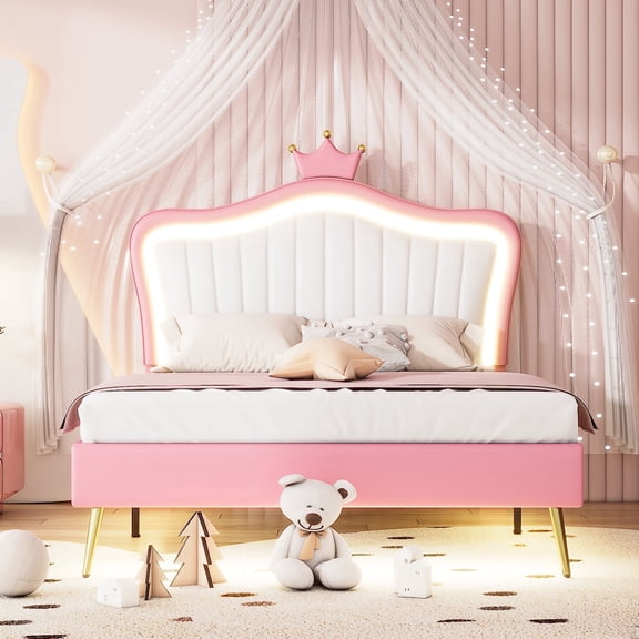 Bellemave Full Size Upholstered Princess Bed with Crown Headboard and LED Lights, Pink / White