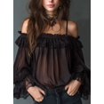 thumbnail image 2 of Women's Black Off Shoulder Chiffon Blouse, Ruffle Trim Sheer Long Sleeve Top, 2 of 2