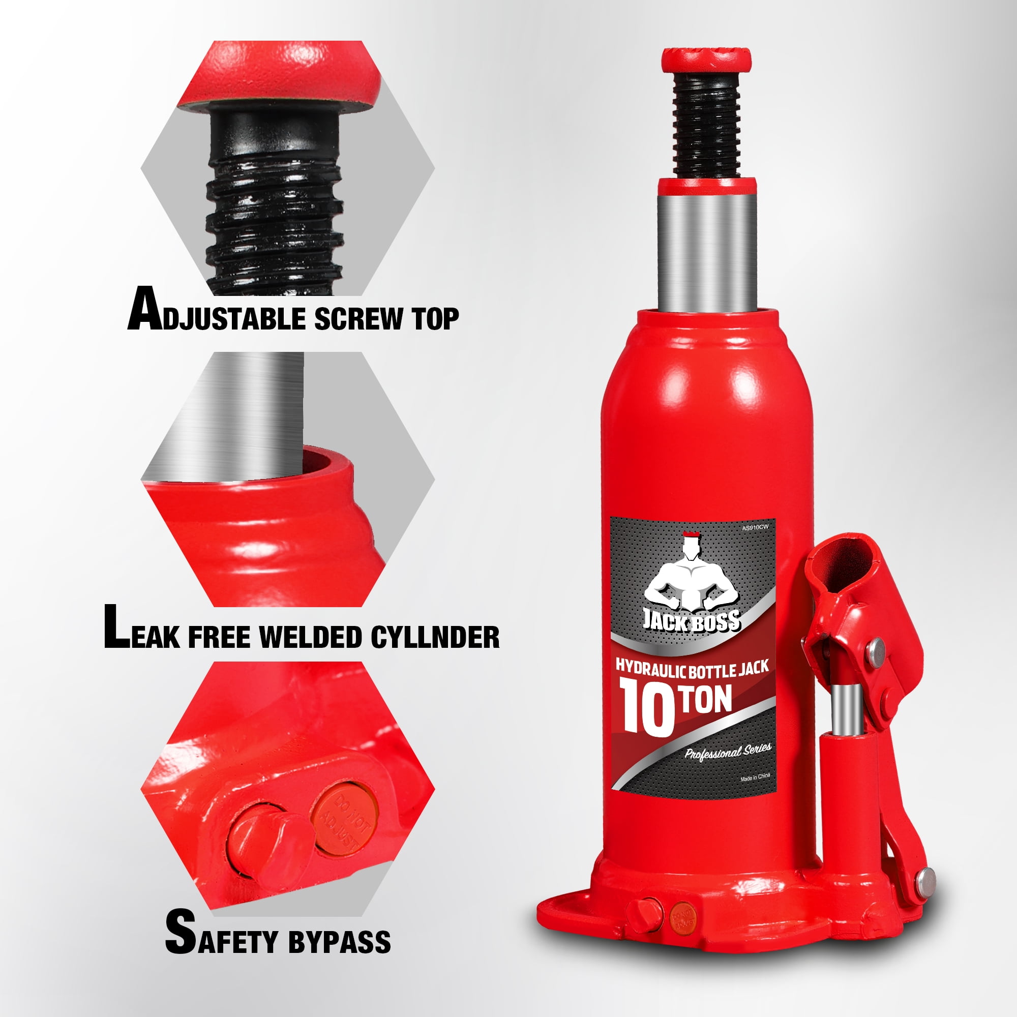 JACK BOSS Bottle Jack 10 Ton Muti-Directional Hydraulic Jack,Alloy Steel,Use for Car, Truck, RV,20,000lb，Red