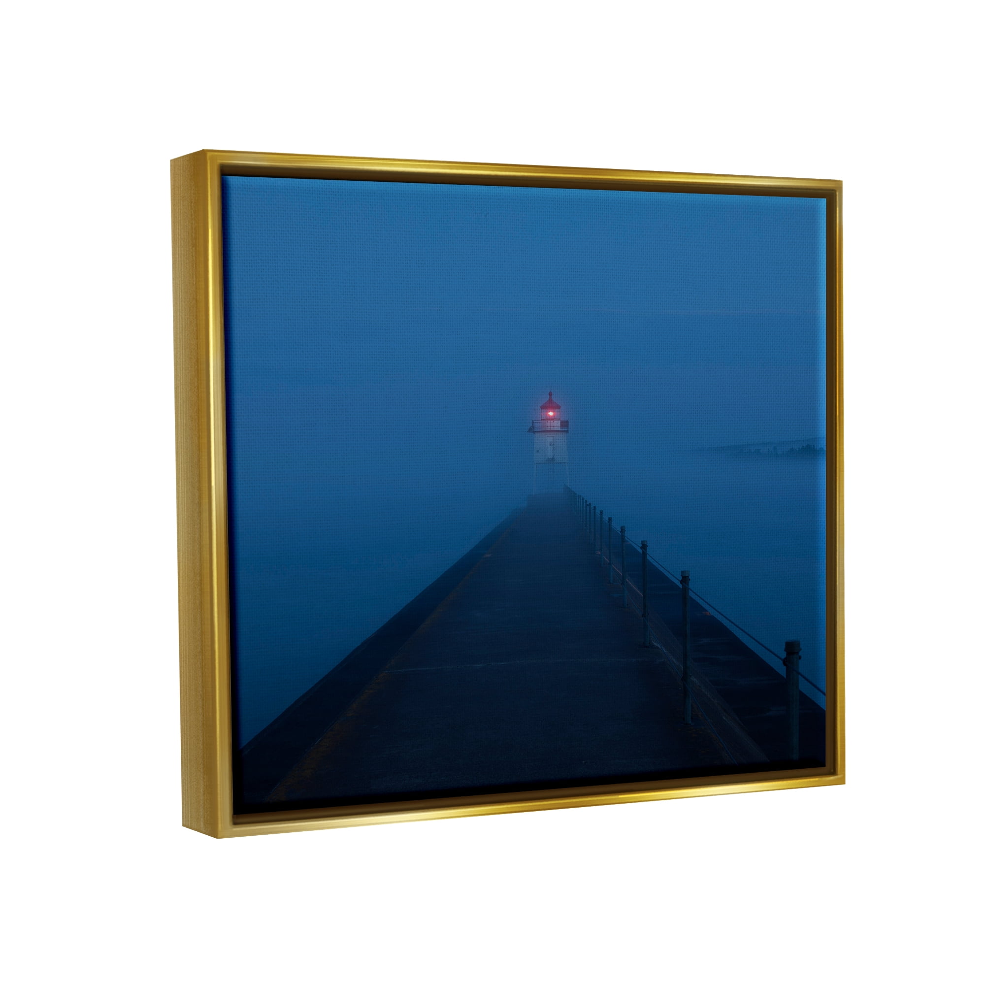 Stupell Industries Foggy Lighthouse Dock Landscape Photography Gold Floater Framed Canvas Art Print Wall Art, 21 x 17