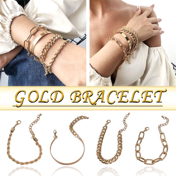 onlyliua para El Hogar Conjunto de Cuatro Piezas de Pulsera y Cadena de Aleación Gruesa Exagerada de Oro de Moda.