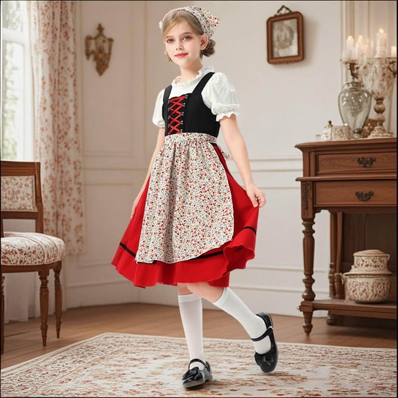 HAYIMI Child Girls Outfits Set French Farmhouse Style Dress For Oktoberfest Toddler Kids Relaxed Fit O-Neck Cartoon Clothes Sets