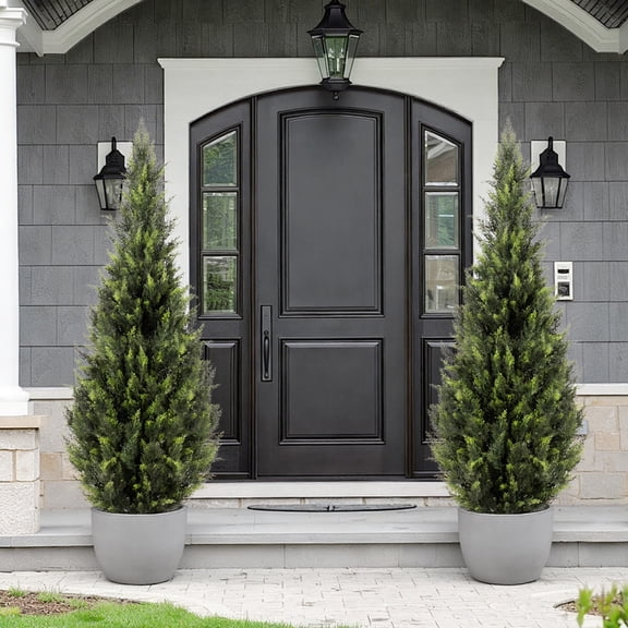 2 Pack 5FT Tall Artificial Cedar Topiary Trees, Lifelike Faux Evergreen Fake Shrubs Bushes, Decorative Greenery for Front Porch, Front Door, Garden & Indoor Living Room Home Decor