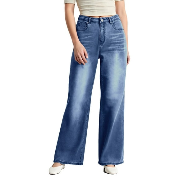 WTOBBY Women's Wide Leg Jeans, High Waist Straight Leg Stretch Denim Pants with Multiple Pockets, Comfortable and Casual Trousers for Everyday Outfits,Blue L