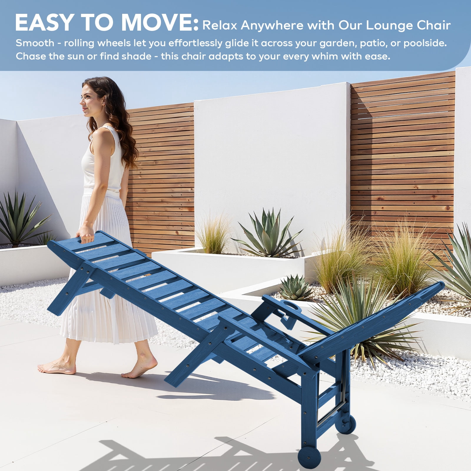 LOYALICE Adjustable Wheeled HDPE Plastic Outdoor Patio Lounge Chair W/ Cup Holder,78.3"x25.1"x16.3", Navy Blue