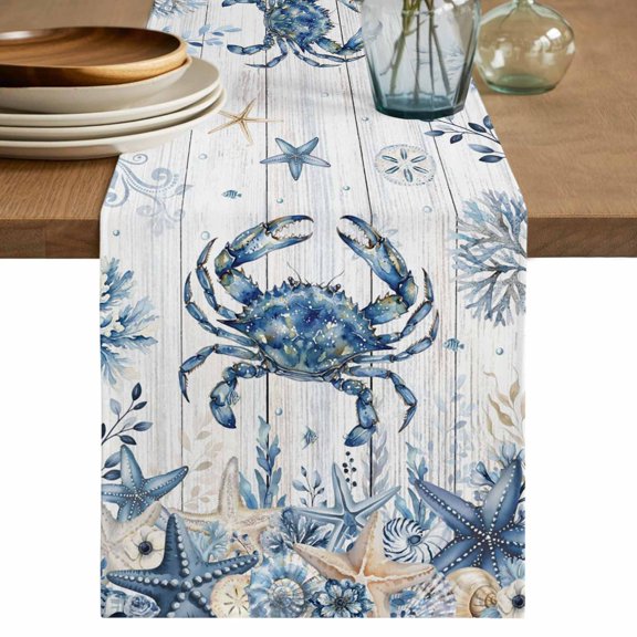 Blue Crab Coastal Table Runner 72 Inches, Beach Starfish Nautical Coral Retro Bed Runner Dresser Scarves Tabletop for Indoor Outdoor Parties/Ceremony/Banquet, 18" x 72"