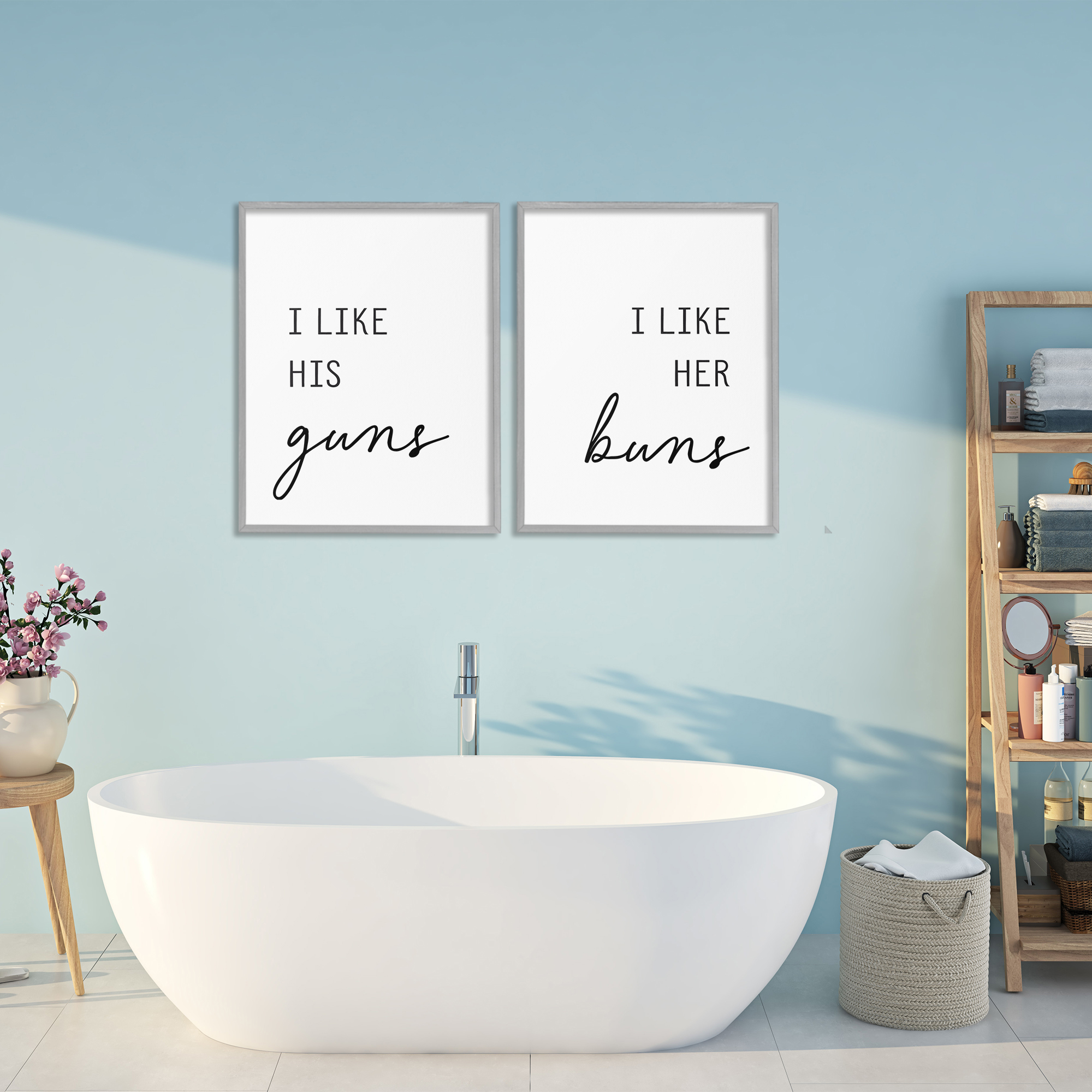 Like His Guns & Her Buns 2 Piece Gray Framed Giclee Art Set, design by Lettered and Lined