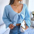 thumbnail image 3 of Women Long Sleeve Crop Front Bowknot Ribbed Knit Pullover Sweaters Fall Winter V Neck Crop Tops Pullover Blue S, 3 of 8