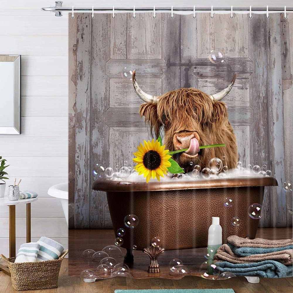 ArtSocket Badezimmer-Set 4-teilig – Duschvorhang, Matte, Toilettenbezug & Teppich, Hochlandkuh Design
