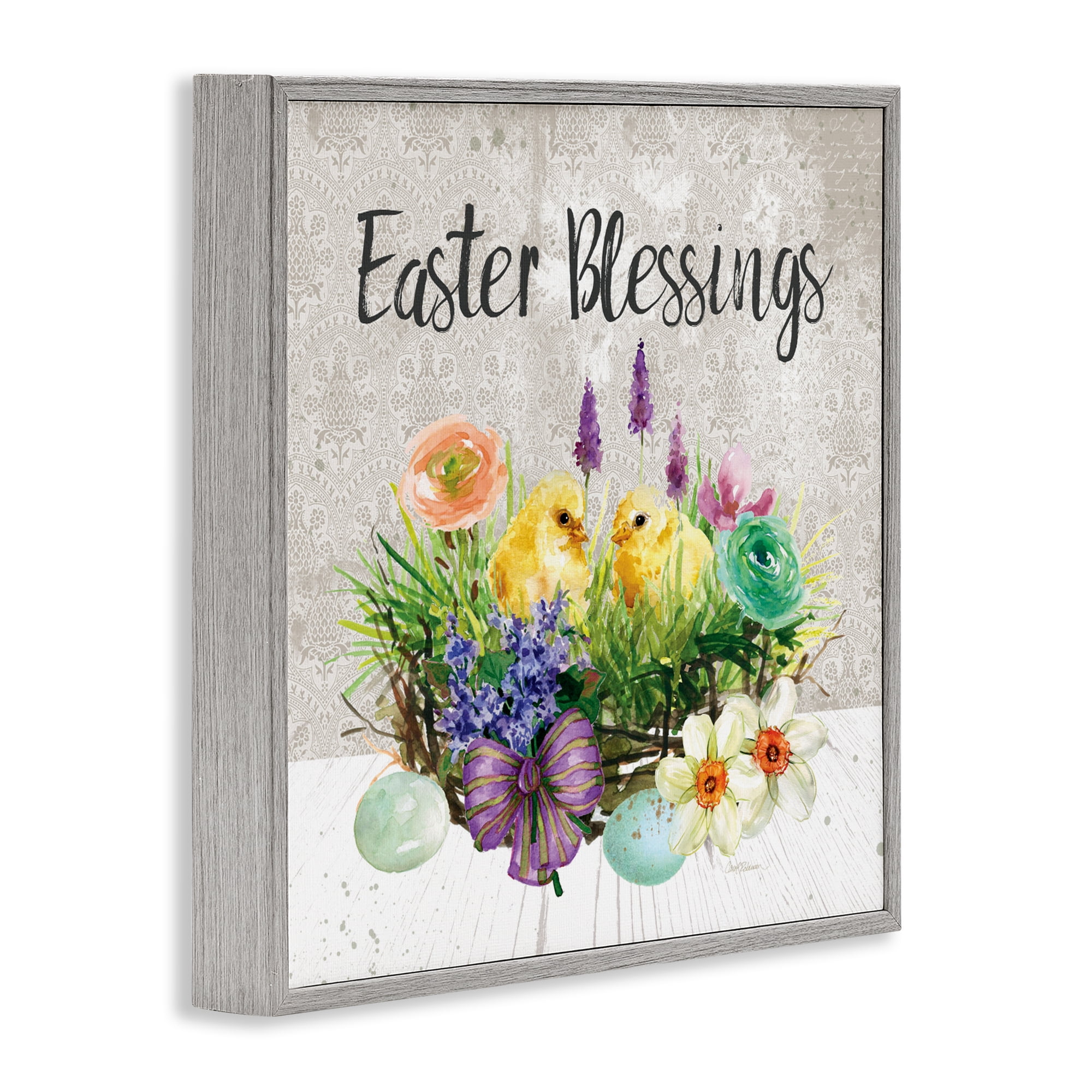 Stupell Industries Easter Blessings Basket of Flowers Gray Framed Giclee Art, design by Carol Robinson
