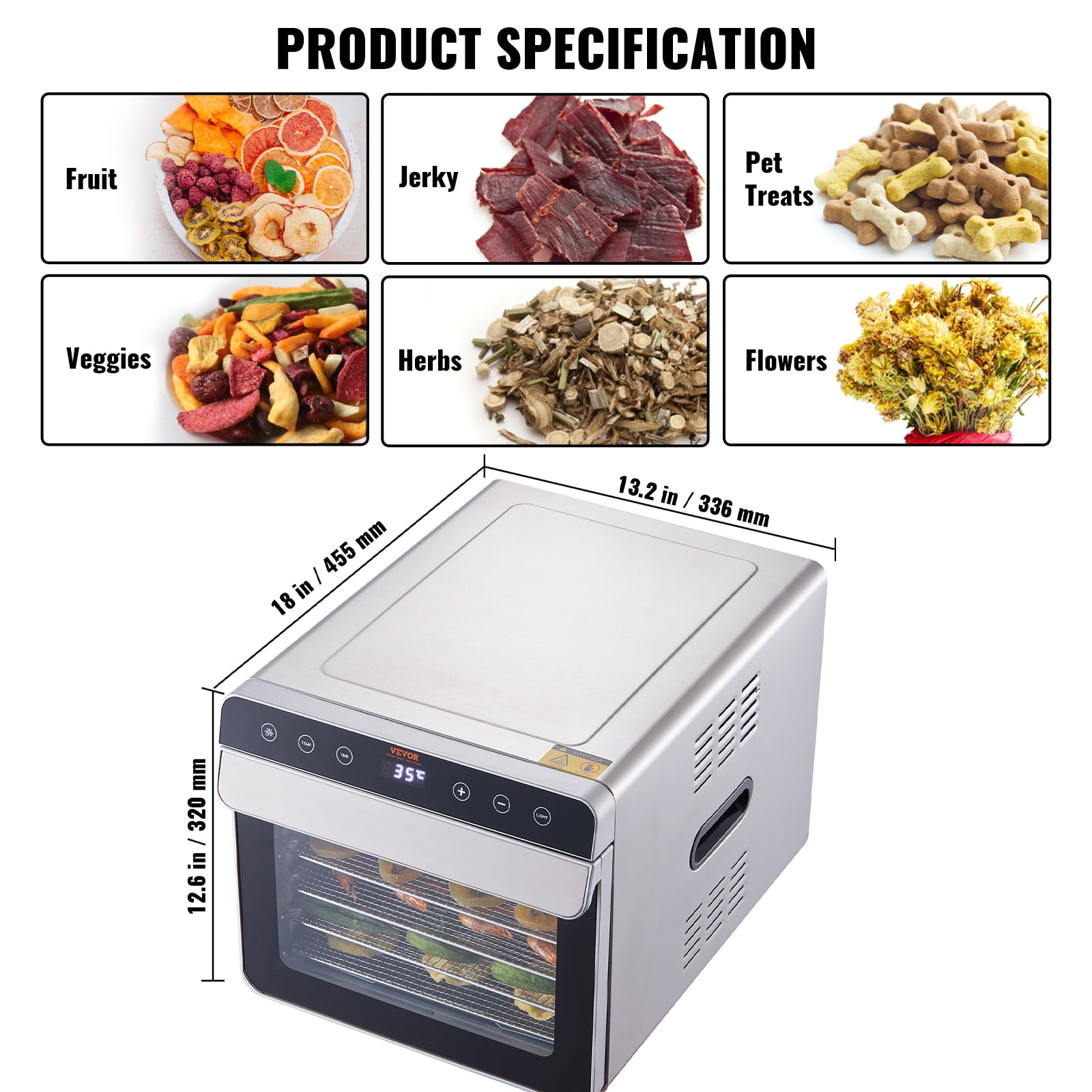 BENTISM 5 Trays Food Dehydrator Machine Adjustable Timer 300W Jerky Fruit  Drying 