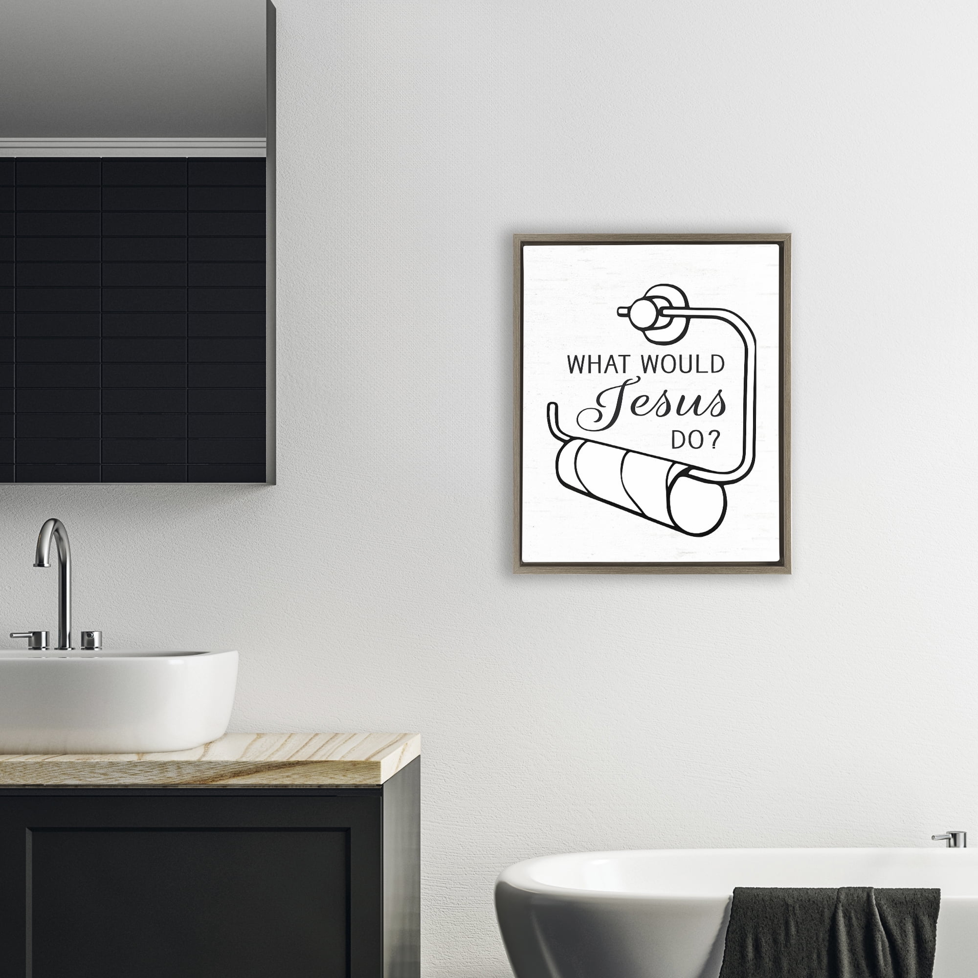 What Would Jesus Do Toilet Paper Brown Framed Floater Canvas Wall Art, design by Lettered and Lined