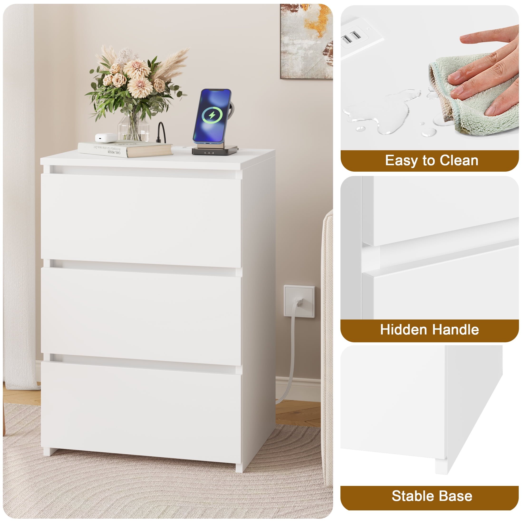 Homfa 3 Drawers Nightstand with Charging Station, Side Table with Storage for Living Room, White Bedside Nightstand for Bedroom