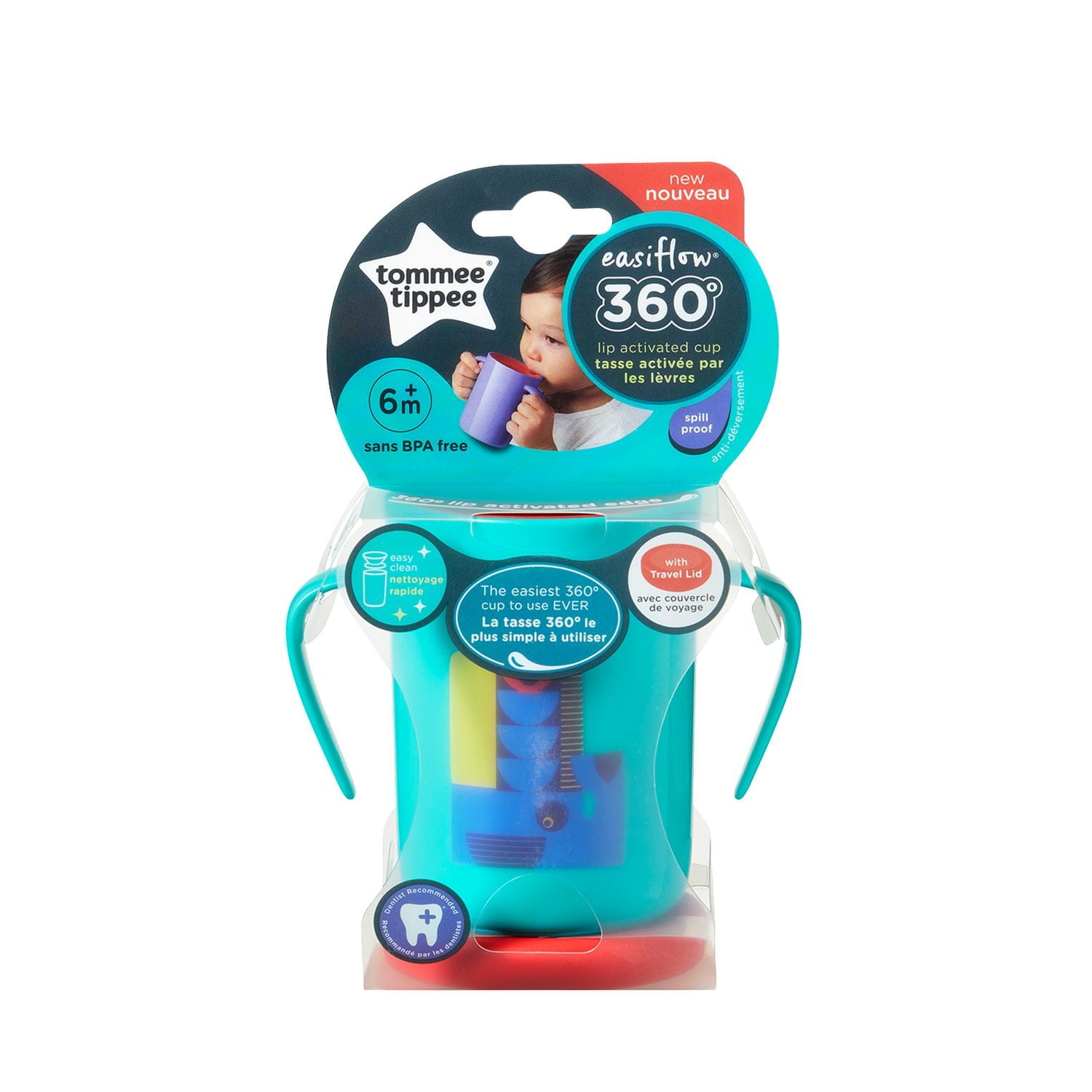 Gobelet d’entraînement anti-éclaboussures avec couvercle de voyage Tommee Tippee Easiflow 360°, baleine – 8 oz, 12 mois et plus, paquet de 1