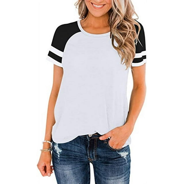Nouveau T-Shirt Col Rond pour Femmes Manches Courtes Blouse Décontractée à Blocs de Couleur