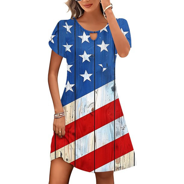 Puntoco Vestido De Cuello Redondo De Manga Corta Suelto Informal Estampado Del Día De La Independencia De Verano Para Mujer Azul Xxl,Regalos Para Mujer Joven